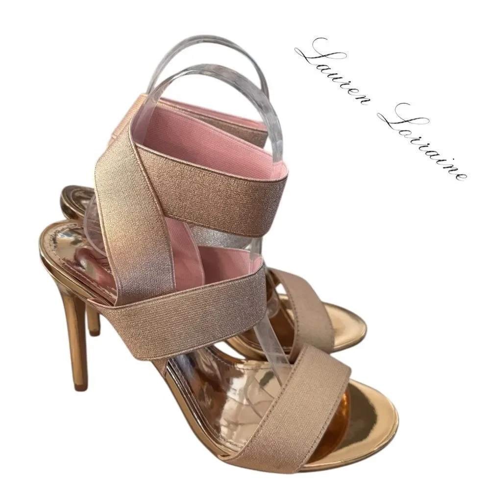 New Lauren Lorraine “Dallas” Shimmering Rose Gold Stiletto Sandals 7